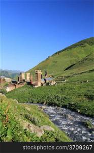 Village with old towers in mountains. Svanetia