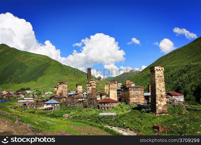 Village with old towers in mountains. Svanetia. Ushguli. Georgia