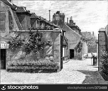 Village within the Pitie-Salpetriere Hospital grounds in Paris, France. Vintage engraving.