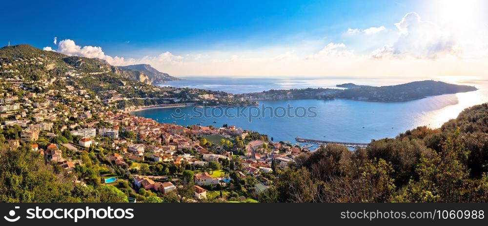 Villefranche sur Mer and Cap Ferrat on French riviera coastline panoramic view, Alpes-Maritimes region of France