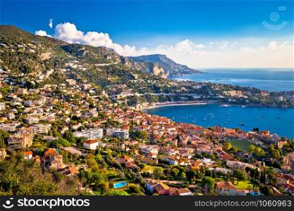 Villefranche sur Mer and French riviera coastline aerial view, Alpes-Maritimes region of France