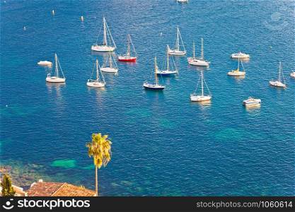 Villefranche sur Mer idyllic French riviera bay sailing destination from above, Alpes-Maritimes region of France