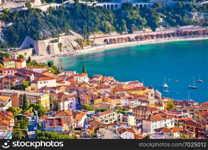 Villefranche sur Mer idyllic French riviera town aerial bay view, Alpes-Maritimes region of France