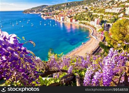 Villefranche sur Mer idyllic French riviera town colorful beach view, Alpes-Maritimes region of France