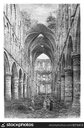 Villers Abbey Ruins in Wallonia, Belgium, drawing by Benoist based on a photograph, vintage illustration. Le Tour du Monde, Travel Journal, 1881