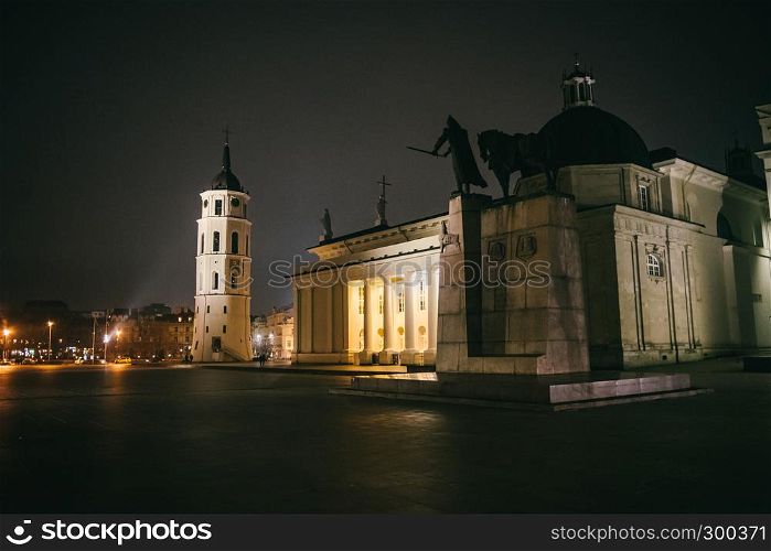 Vilnius Cathedral Square at winter night. One of the famous and important landmarks of Lithuania