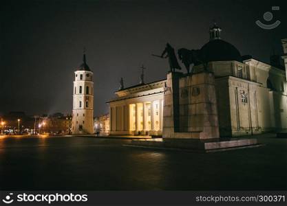 Vilnius Cathedral Square at winter night. One of the famous and important landmarks of Lithuania