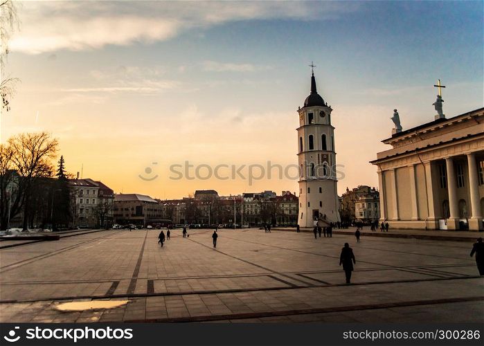 Vilnius Cathedral Square with sunset background