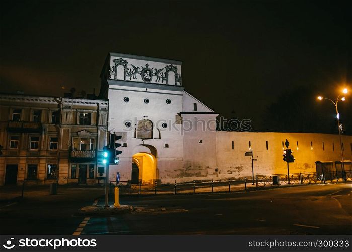 Vilnius, Lithuania: the Gate of Dawn, Lithuanian Ausros, Medininku vartai, Polish Ostra Brama, a city gate of Vilnius, one of its most important historical, cultural and religious monuments at night
