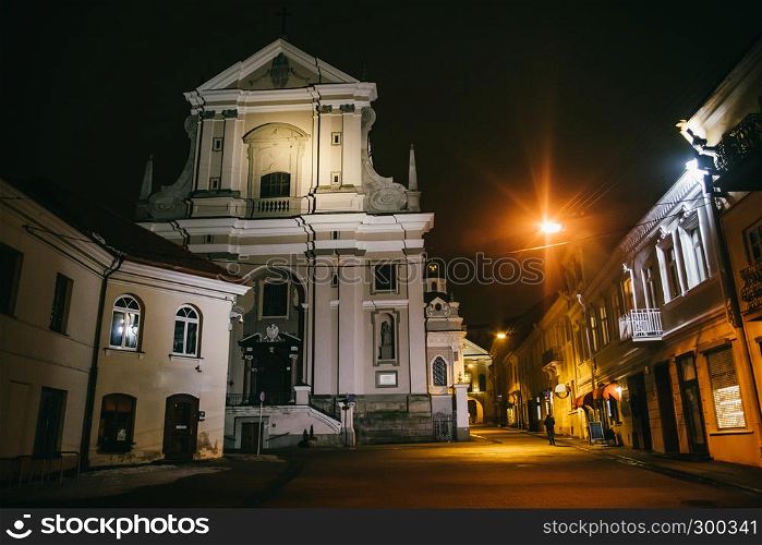 Vilnius, Lithuania: the Gate of Dawn st. Teresa church, one of its most important historical, cultural and religious monuments at night