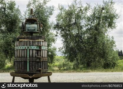 Vinatge olive press and olive trees on backgrund