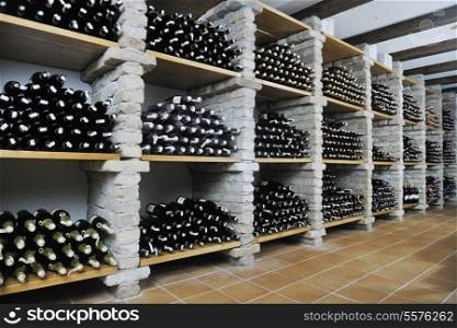 vine bar undergraund with many of different wine bottles