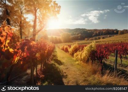 vineyard surrounded by colorful autumn foliage, with sun shining through, created with generative ai. vineyard surrounded by colorful autumn foliage, with sun shining through
