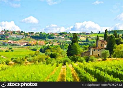 Vineyard with Ripe Grapes in the Autumn on the Background of Medieval Italian City, Stylized Photo