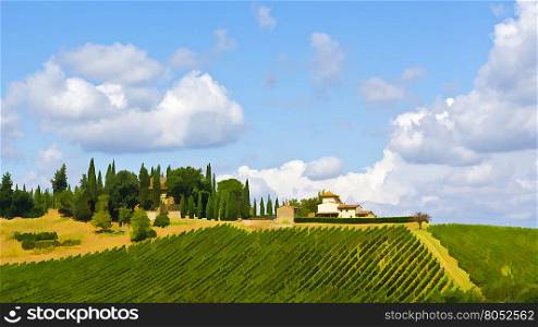 Vineyard with Ripe Grapes in the Autumn on the Background of Small Italian Village, Stylized Photo