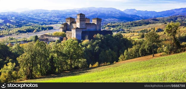 Vineyards and beautiful medieval castles of Italy - Torrechiara near Parma. Emilia-romagna.