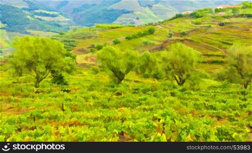 Vineyards and Olive Groves on the Hills of Portugal, Stylized Photo