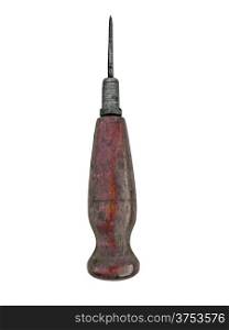 vintage 19 century rusty awl with wooden handle over white, clipping path