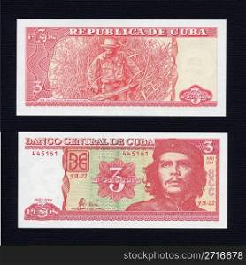 Vintage 3 Pesos unconvertible money from Cuba. Cuba Pesos