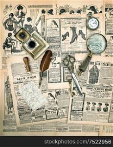 Vintage accessories and writing tools, old fashion magazine for the woman. Aged paper background