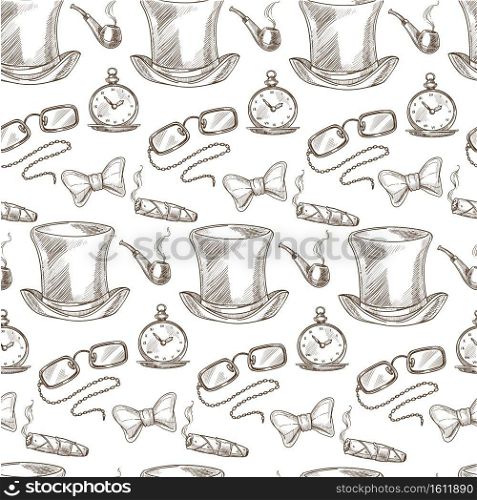 Vintage accessories of gentleman, seamless pattern of top hat, glasses with chain. Cigarette, smoking pipe, bowtie and pocket watch. Old fashioned style. Monochrome sketch outline, vector in flat. Retro top hat and glasses, accessories of gentleman seamless pattern