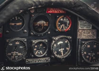 Vintage aircraft cockpit detail. Retro aviation, aircraft instruments