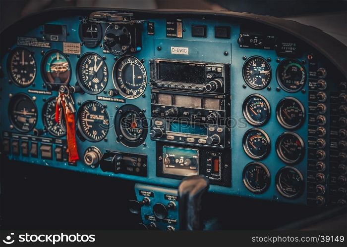 Vintage aircraft cockpit detail. Retro aviation, aircraft instruments