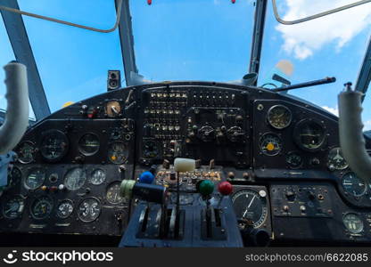 Vintage airplane dashboard, close up view. Vintage airplane dashboard