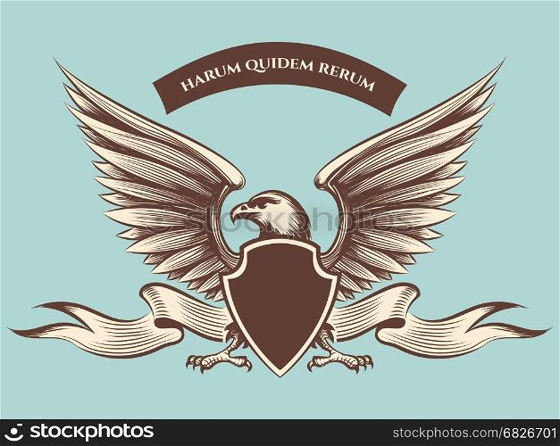 Vintage american eagle mascot icon. Vintage american eagle mascot vector icon. Eagle with shield, wings and ribbon