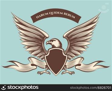 Vintage american eagle mascot icon. Vintage american eagle mascot vector icon. Eagle with shield, wings and ribbon