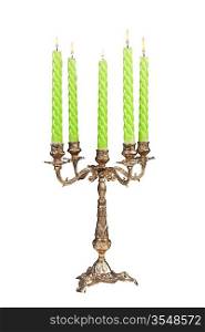 Vintage antique candelabrum with burning candles isolated on a white background