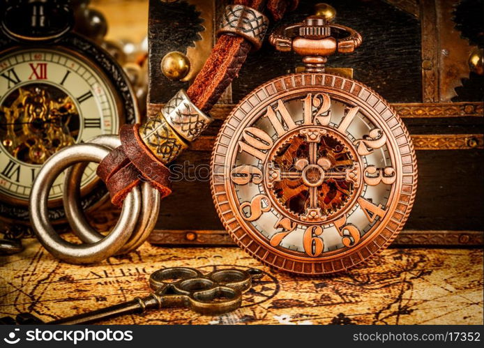 Vintage Antique pocket watch. Vintage grunge still life.