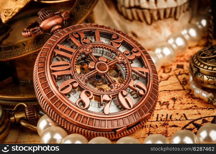 Vintage Antique pocket watch. Vintage grunge still life.