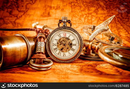 Vintage Antique pocket watch. Vintage grunge still life.