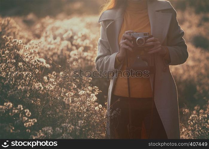 vintage autumn. girl with a vintage camera walks in the fields of fluffy dandelions at sunset