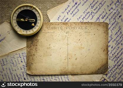 Vintage background with old postcard and letters