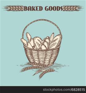 Vintage baked goods basket. Vintage baked goods basket on green backdrop. Vector illustration