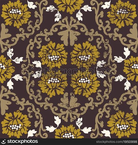 Vintage baroque texture pattern with grunge. Seamless shabby vector damask pattern. Brown, gold, white. For textiles, wallpaper, tiles or packaging.