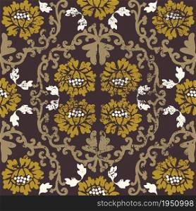 Vintage baroque texture pattern with grunge. Seamless shabby vector damask pattern. Brown, gold, white. For textiles, wallpaper, tiles or packaging.