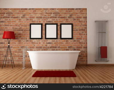 Vintage bathroom with white simple bathtub and brick wall - rendering
