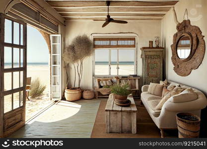 vintage beachfront villa with abundant natural light, wicker furniture and rustic details, created with generative ai. vintage beachfront villa with abundant natural light, wicker furniture and rustic details