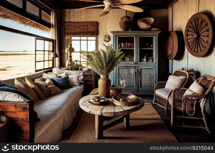 vintage beachfront villa with abundant natural light, wicker furniture and rustic details, created with generative ai. vintage beachfront villa with abundant natural light, wicker furniture and rustic details