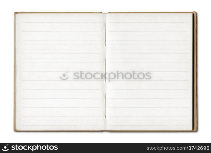 Vintage blank open notebook isolated on white with clipping path. Vintage blank open notebook