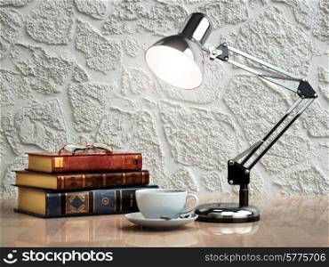 Vintage books coffee cup and desk lamp on the table. Place of work. 3d