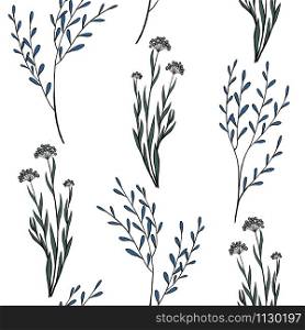 Vintage botanical seamless pattern. Gentle wild flowers on a white background. Wallpaper in sketch style. Ideal for the design of wrapping paper, cards, scrapbooking, fabric etc.