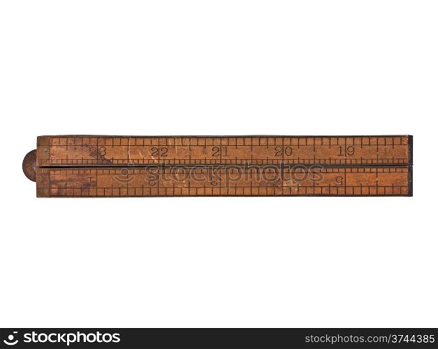 vintage boxwood and brass ruler over white, clipping path