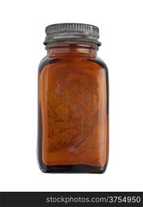 vintage brown glass spice bottle over white, clipping path