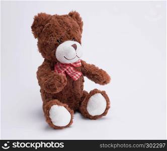 vintage brown teddy bear on white background, copy space