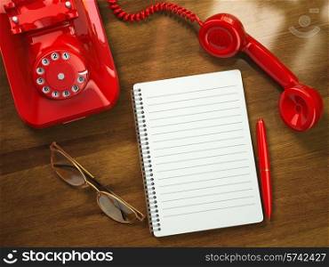 Vintage business concept. Retro telephone, notebook, pen and glasses on the table. 3d