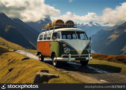 Vintage c&er van in the mountains. Adventure concept. Generative AI